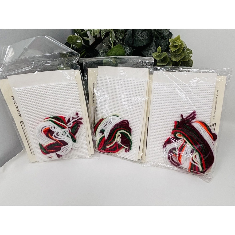 Vintage 1989 Christmas Card Kit Lot 3 Plastic Canvas Peace Candle Sealed USA - Picture 2 of 5
